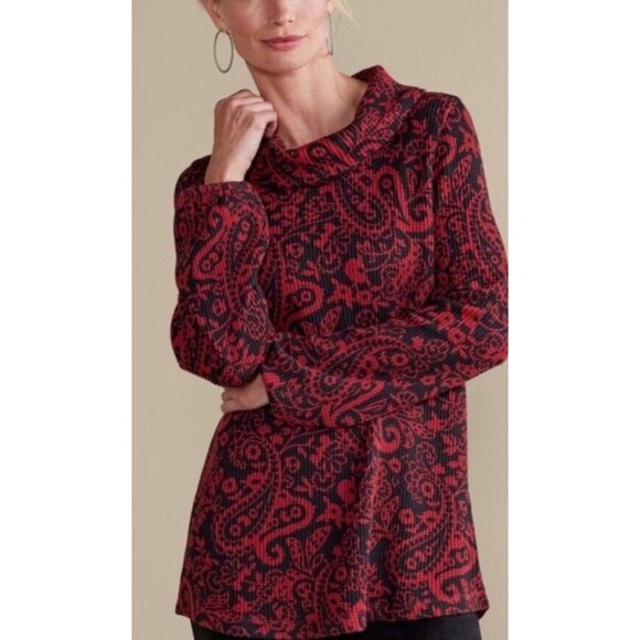 Soft Surroundings  Red/Black Paisley Kendra Waffle‎ Stretch Knit Top Sz M Boho - Picture 1 of 8